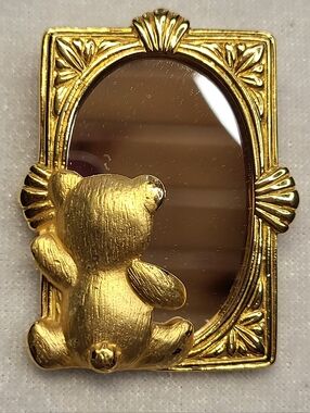 Vintage JJ Jonette Teddy Bear Mirror Brooch / Pin
